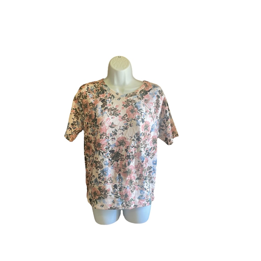 Andrew Marc Floral Print Short Sleeve Top Crew Neck Comfy Casual S‎